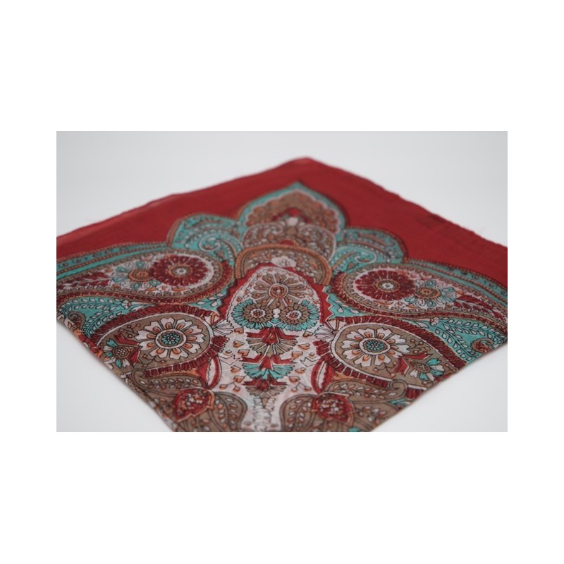 Carré de soie fleuris rouge et turquoise