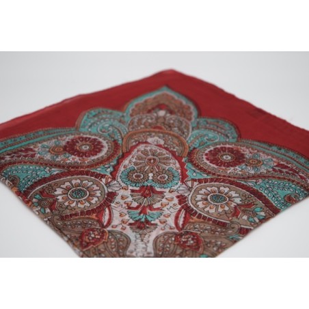 Carré de soie fleuris rouge et turquoise