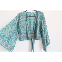 Chemisier bleu turquoise à fleurs cache coeur