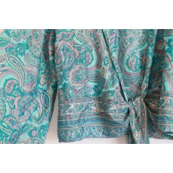 Chemisier bleu turquoise à fleurs cache coeur