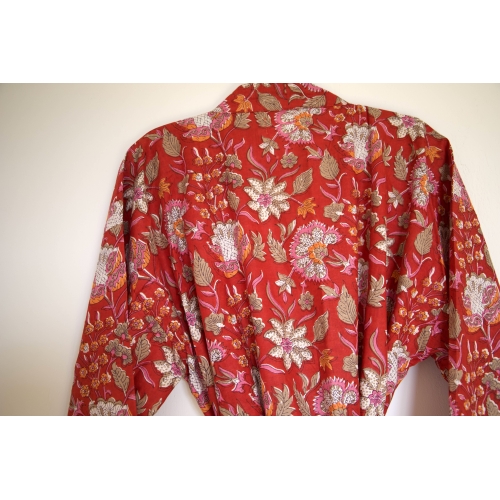 Kimono en coton rouge fleuris
