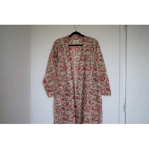 Kimono en coton beige à fleurs
