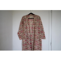 Kimono en coton beige à fleurs