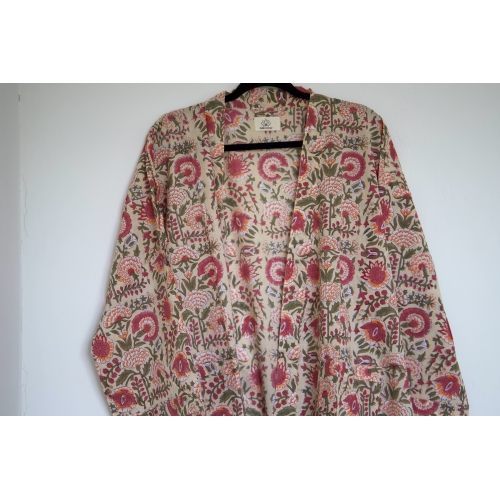 Kimono en coton beige à fleurs