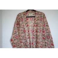 Kimono en coton beige à fleurs