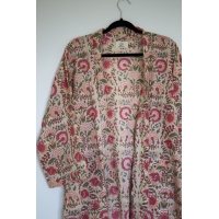 Kimono en coton beige à fleurs