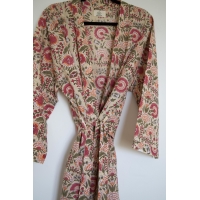 Kimono en coton beige à fleurs