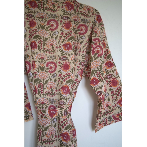 Kimono en coton beige à fleurs