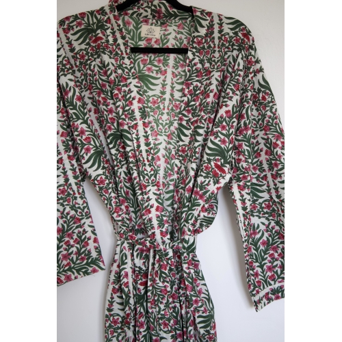 Kimono en coton fleurs rose et vert