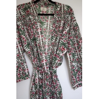 Kimono en coton fleurs rose et vert