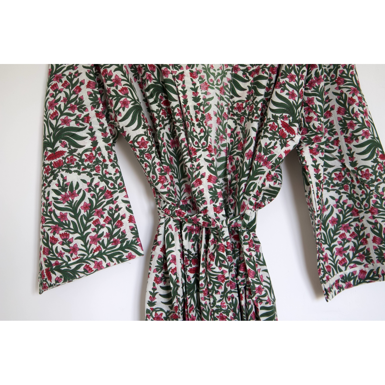 Kimono en coton fleurs rose et vert