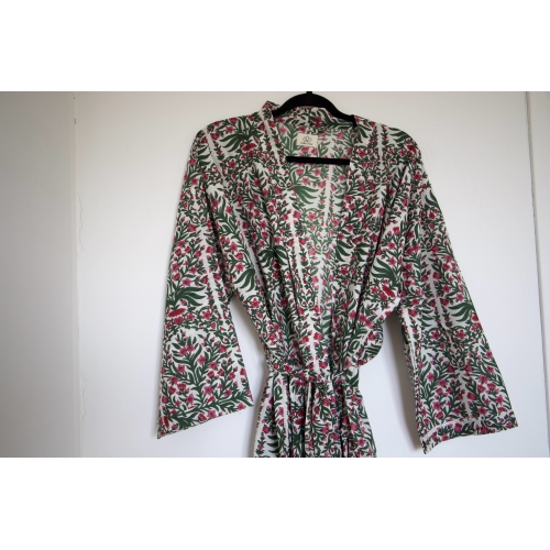 Kimono en coton fleurs rose et vert