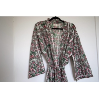 Kimono en coton fleurs rose et vert