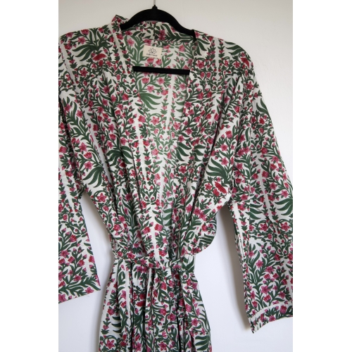 Kimono en coton fleurs rose et vert