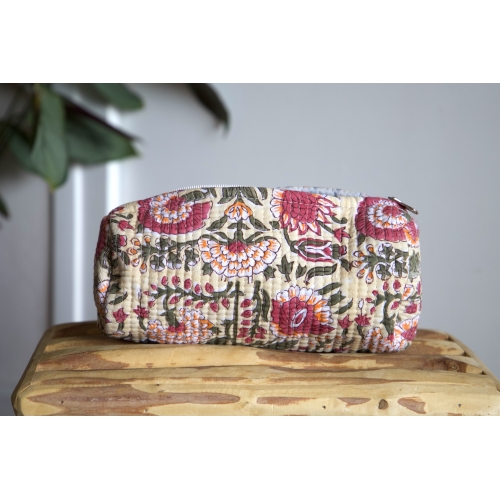 Trousse à crayon matelassé beige à fleurs roses