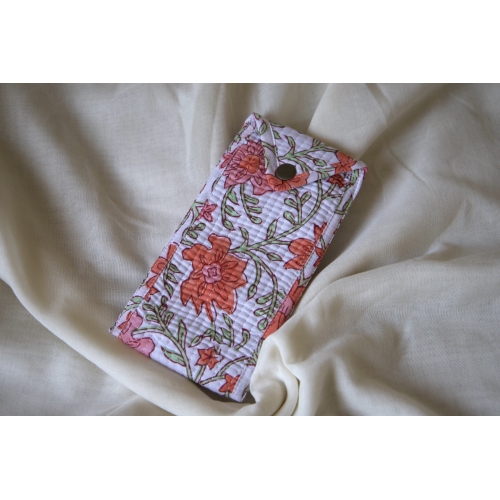 Etui à lunette en coton matelassé fleurs roses oranges