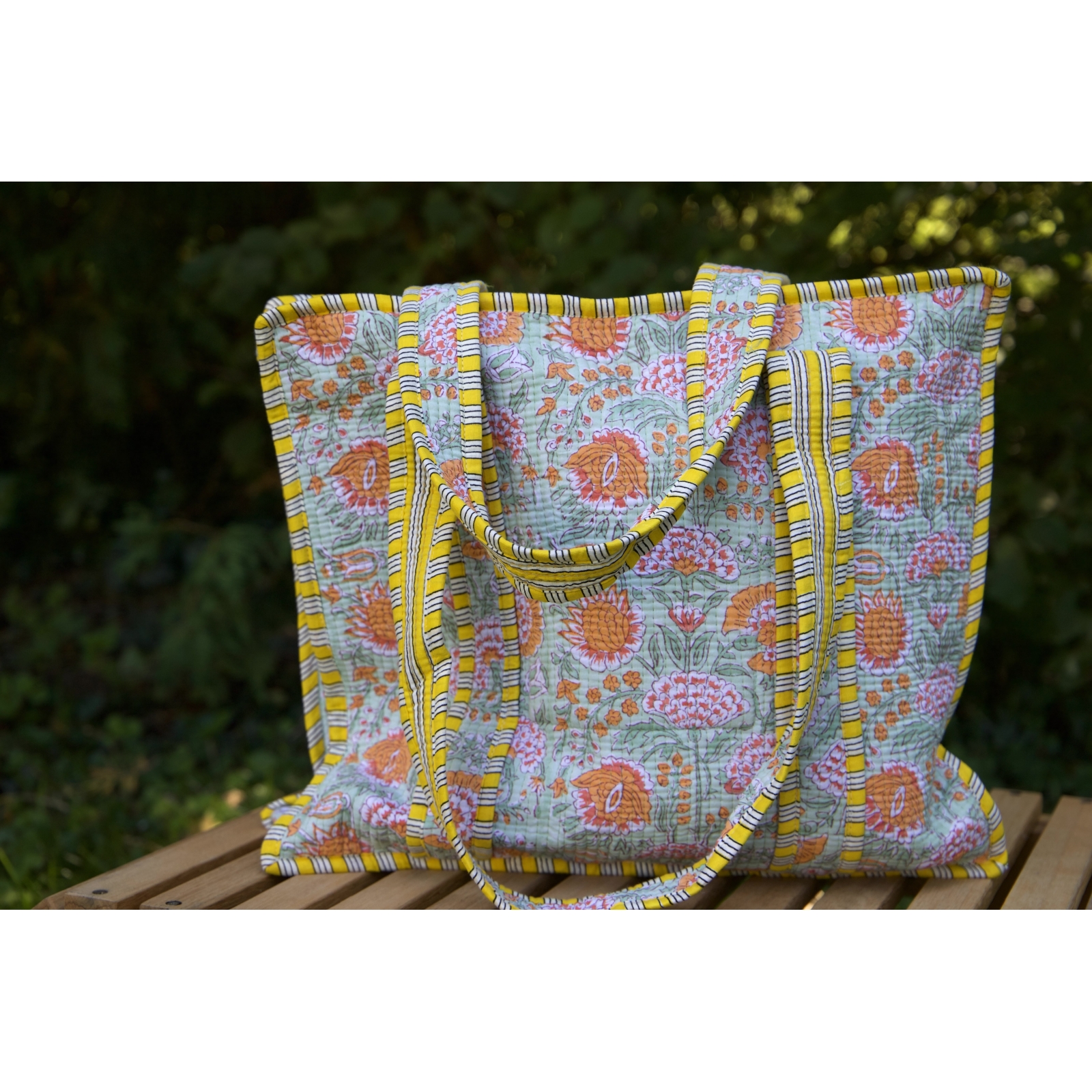 Sac cabas en coton jaune et vert avec fermeture éclair