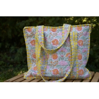 Sac cabas en coton jaune et vert avec fermeture éclair