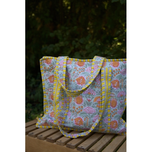 Sac cabas en coton jaune et vert avec fermeture éclair