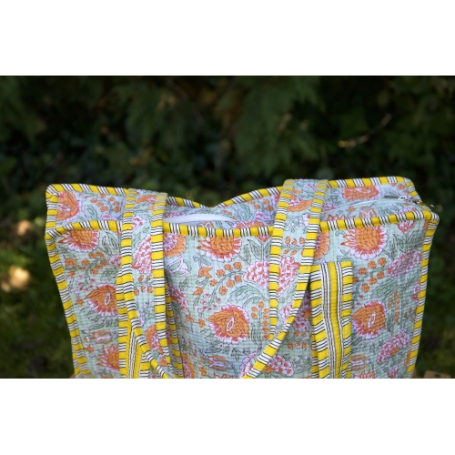Sac cabas en coton jaune et vert avec fermeture éclair
