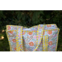 Sac cabas en coton jaune et vert avec fermeture éclair