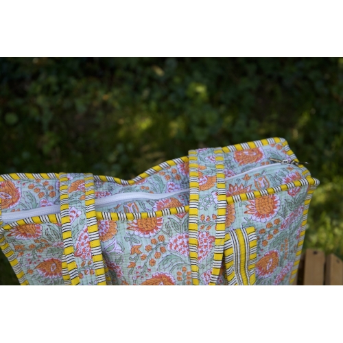 Sac cabas en coton jaune et vert avec fermeture éclair