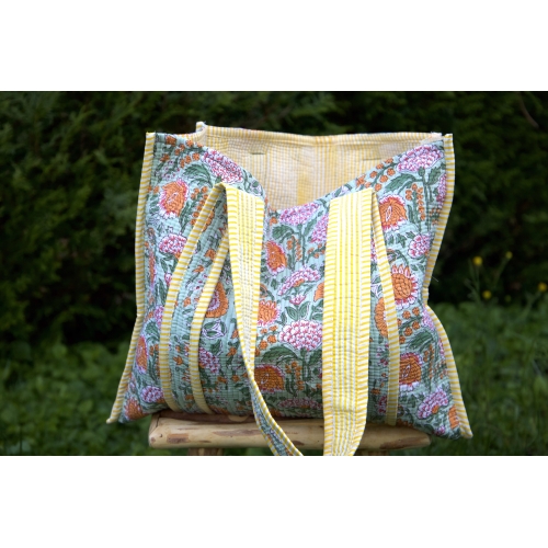 Sac cabas en coton matelassé jaune et vert
