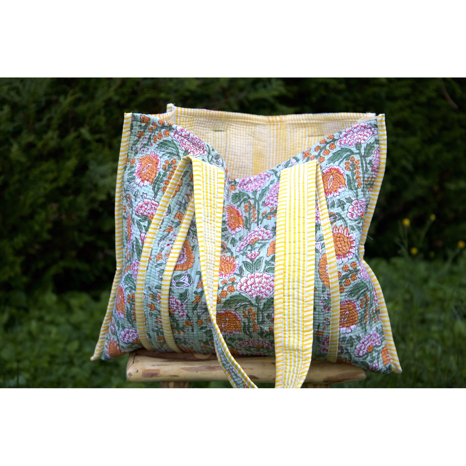 Sac cabas en coton matelassé jaune et vert