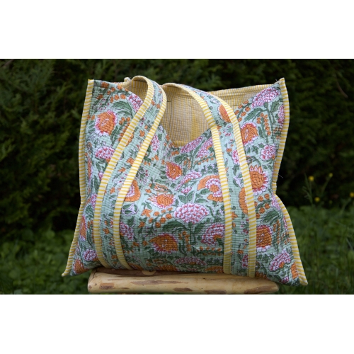Sac cabas en coton matelassé jaune et vert