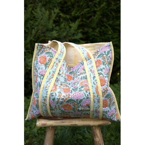 Sac cabas en coton matelassé jaune et vert