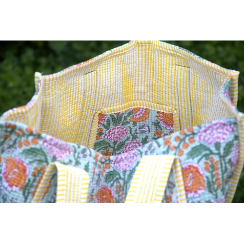 Sac cabas en coton matelassé jaune et vert
