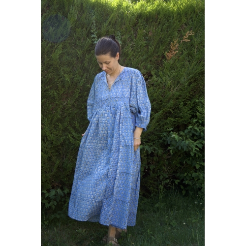 Robe longue bleu petites fleurs en coton