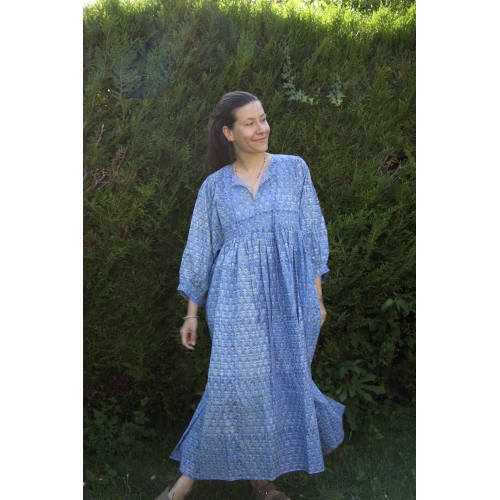Robe longue bleu petites fleurs en coton