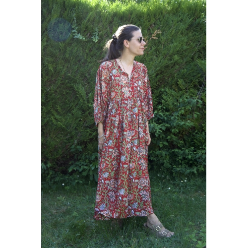 Robe longue rouge et verte en coton