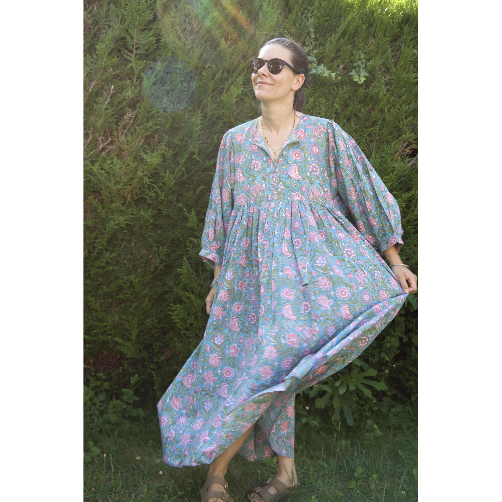 Robe longue bleu et verte en coton
