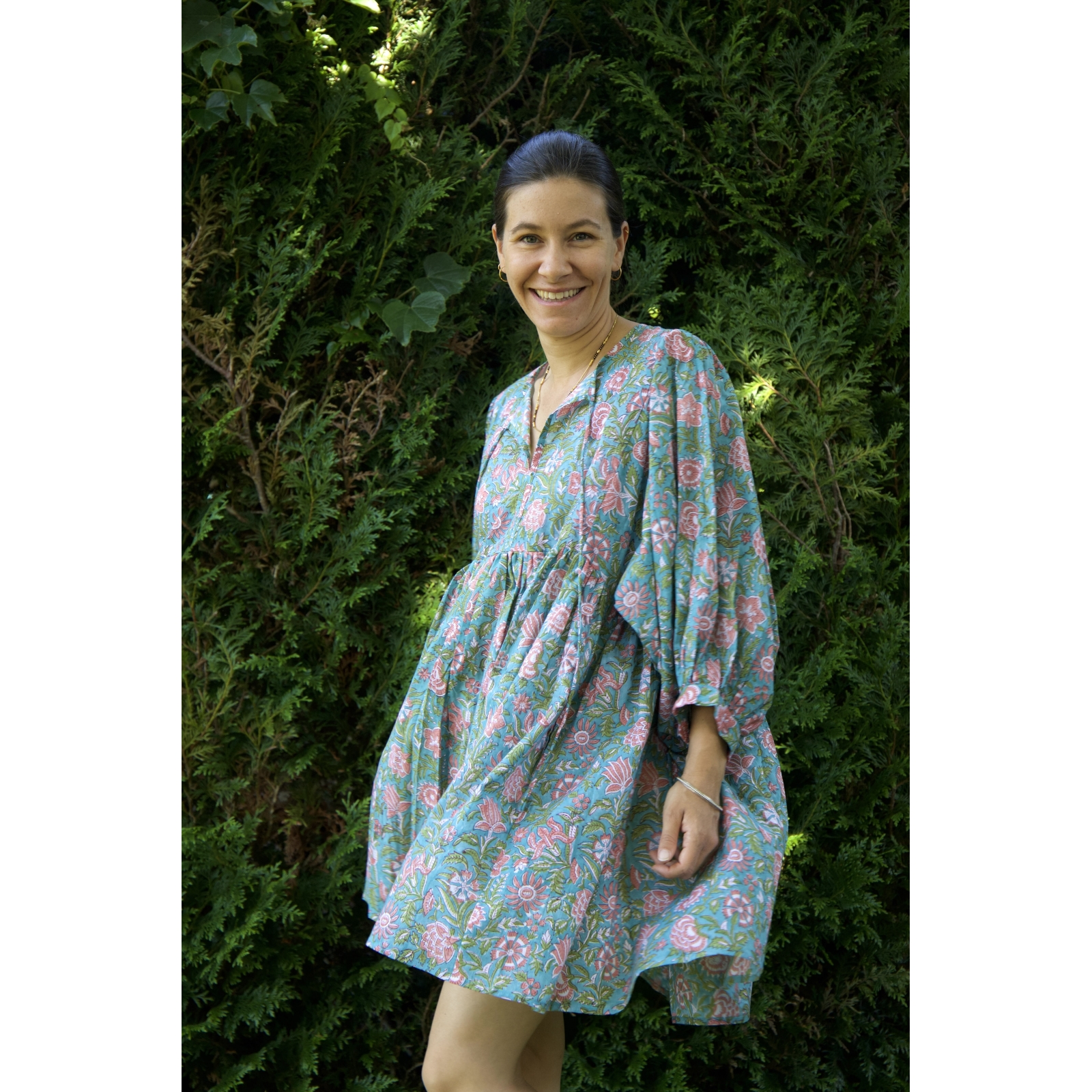 Robe bleu vert courte en coton