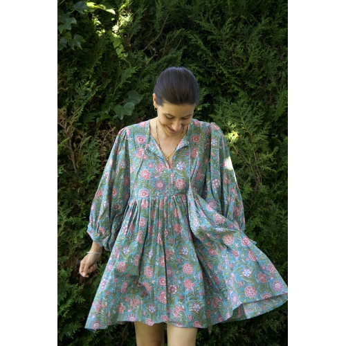 Robe bleu vert courte en coton