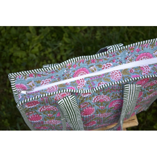 Sac cabas en coton avec fermeture éclair matelassé bleu rose vert